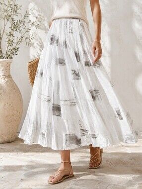 Apanage Collection White Silver Abstract Cotton Full Midi Skirt Lined Size 10